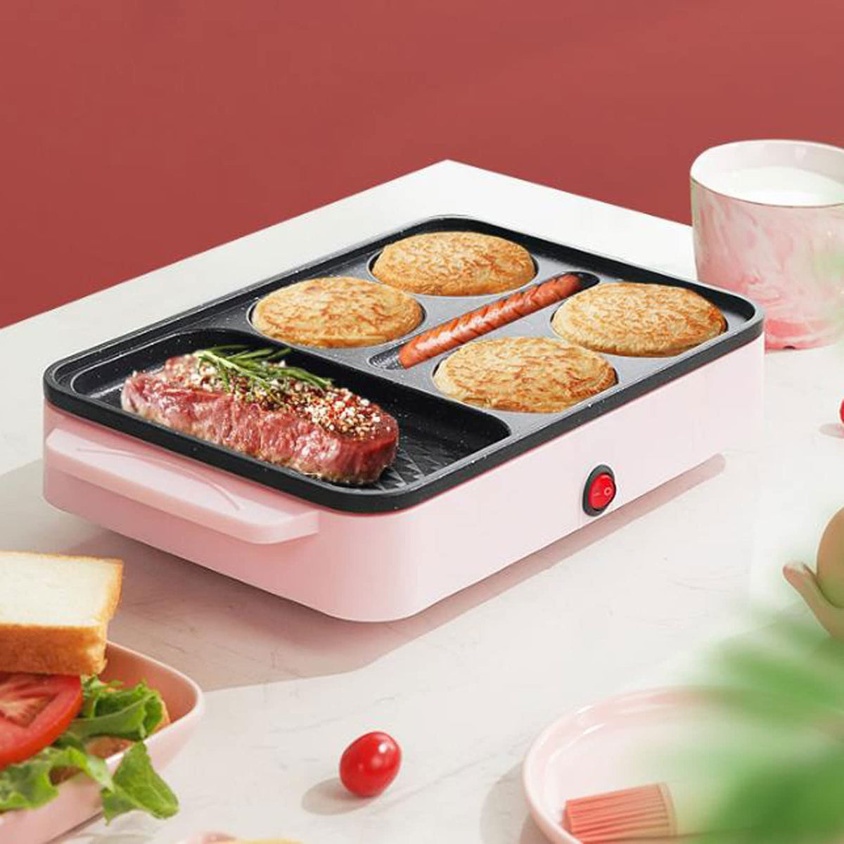 Mini Electric Breakfast Griddle with Divided Nonstick Pan & Glass Lid