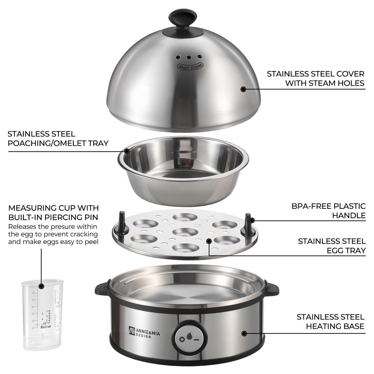 7-Egg Stainless Steel Electric Egg Cooker & Poacher, 360W