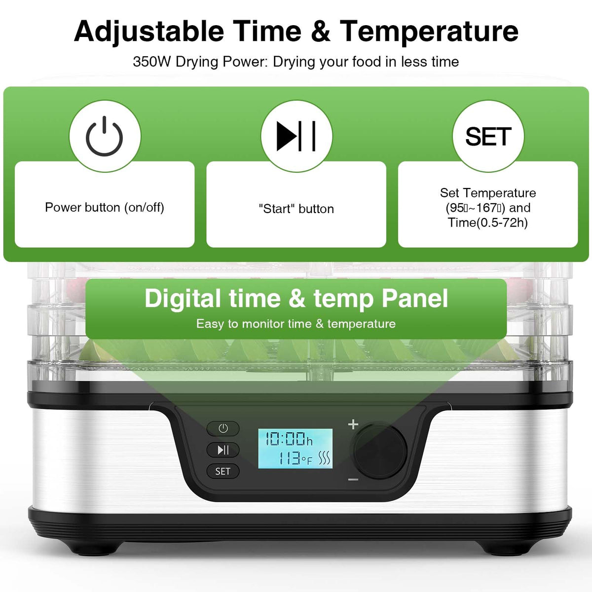Food Dehydrator with 5 Stainless Steel Trays & 72-Hour Timer
