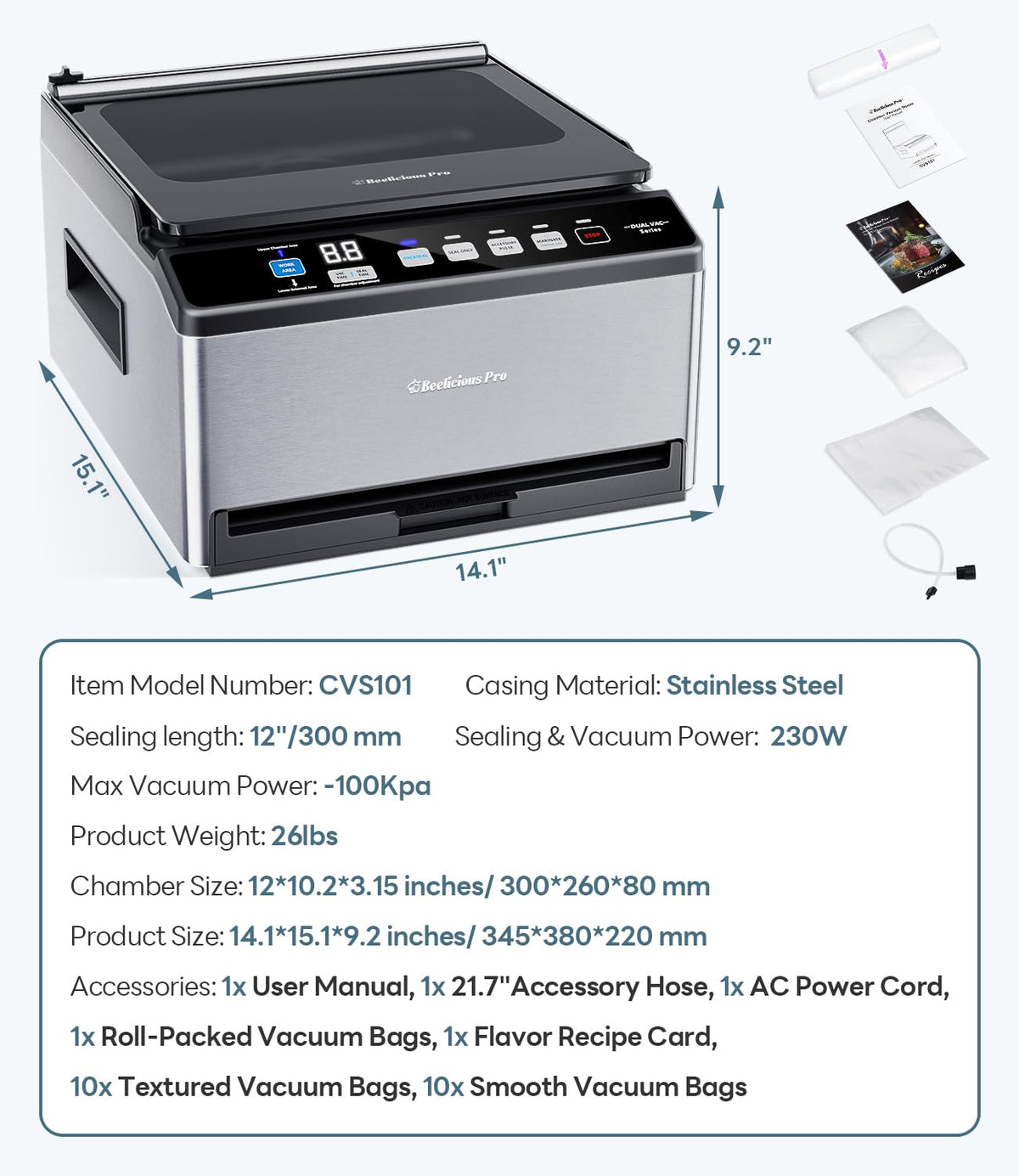 DualCore CVS101 Commercial Full-Automatic Chamber Vacuum Sealer with Dual Vacuum Zones