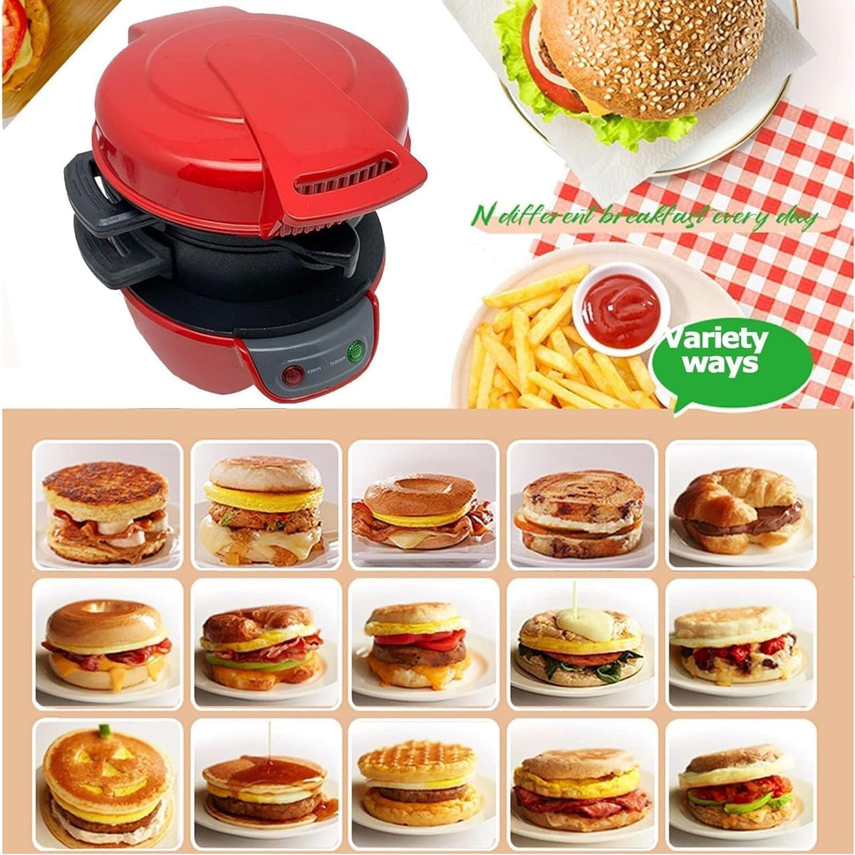 Electric Burger & Breakfast Sandwich Maker with Nonstick Griddle