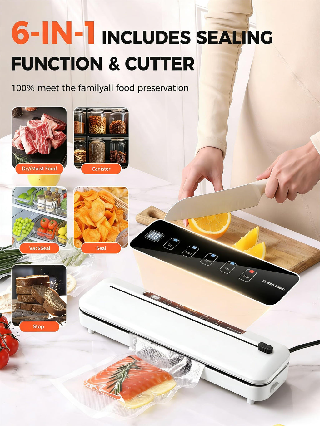 Vacuum Sealer Machine 75KPa, 6-in-1 Dry/Moist Modes, Digital Timer