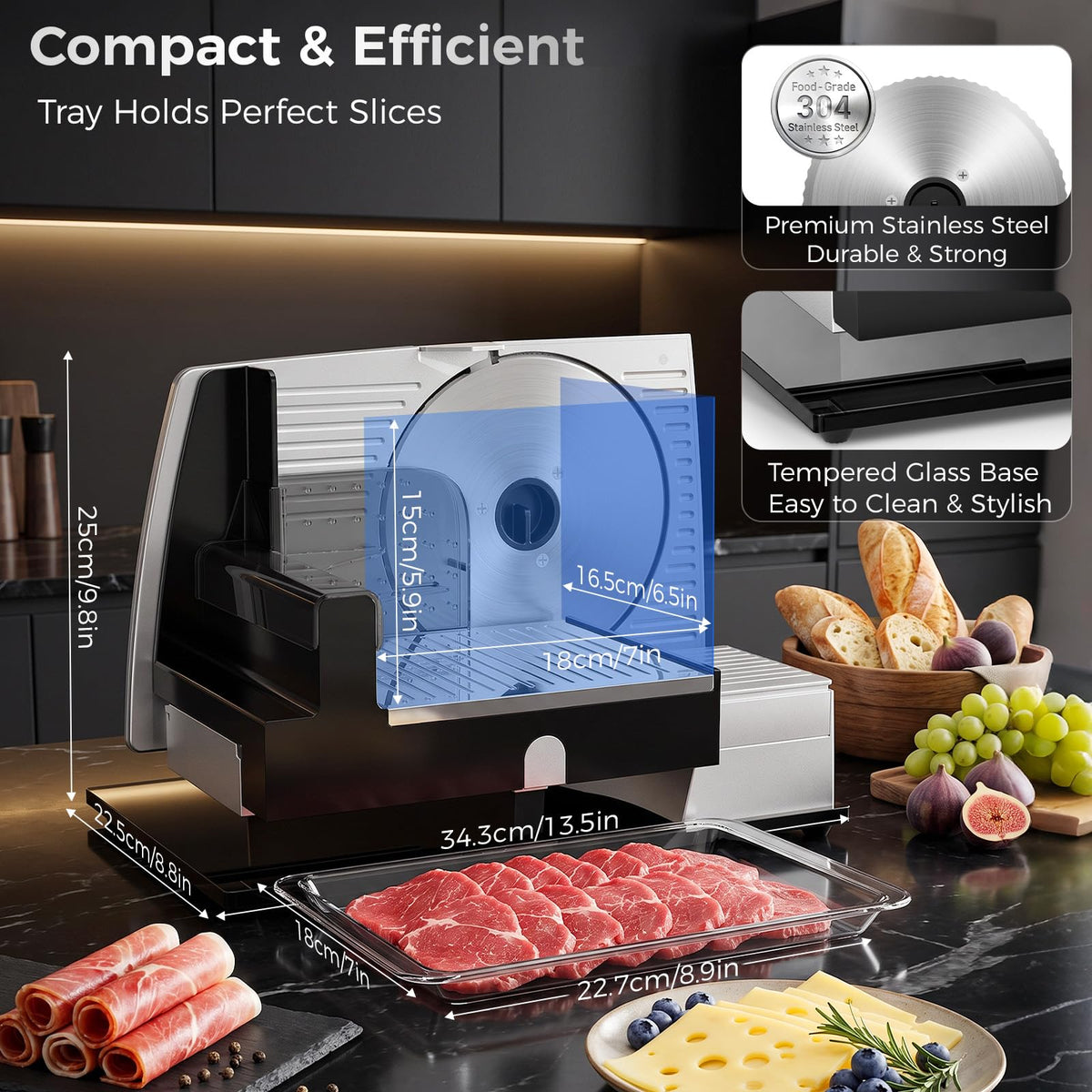 160W Electric Meat Slicer with Adjustable 0–22mm Thickness & 2 Blades