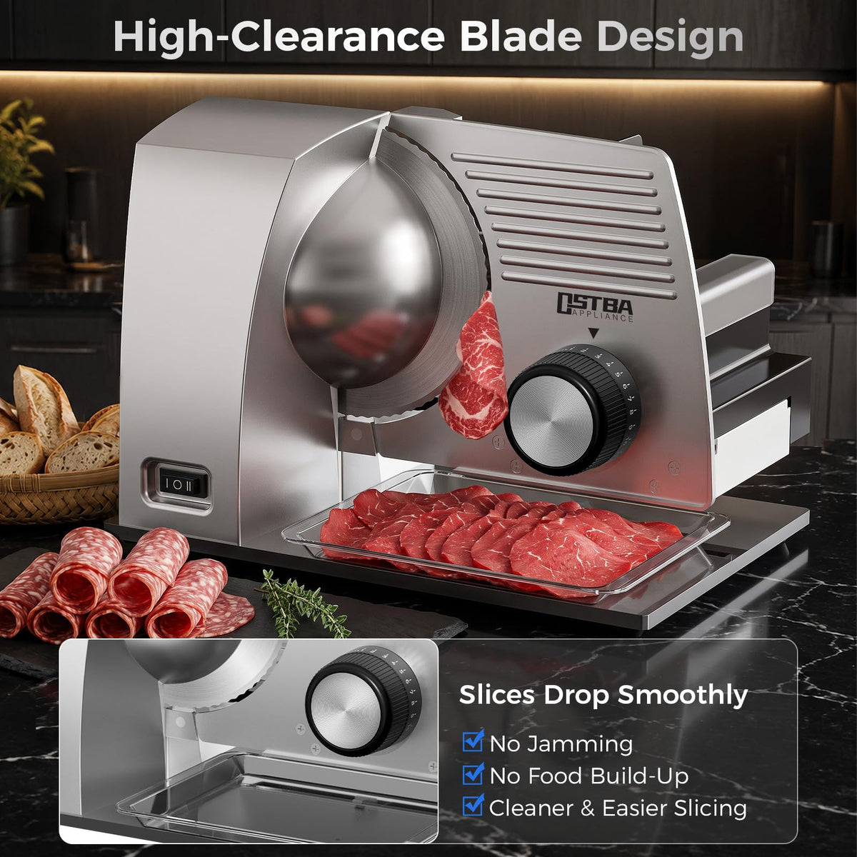 160W Electric Meat Slicer with Adjustable 0–22mm Thickness & 2 Blades