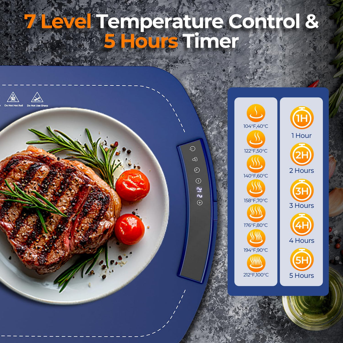 Silicone Food Warming Mat with 7 Temperature Settings & 5-Hour Timer