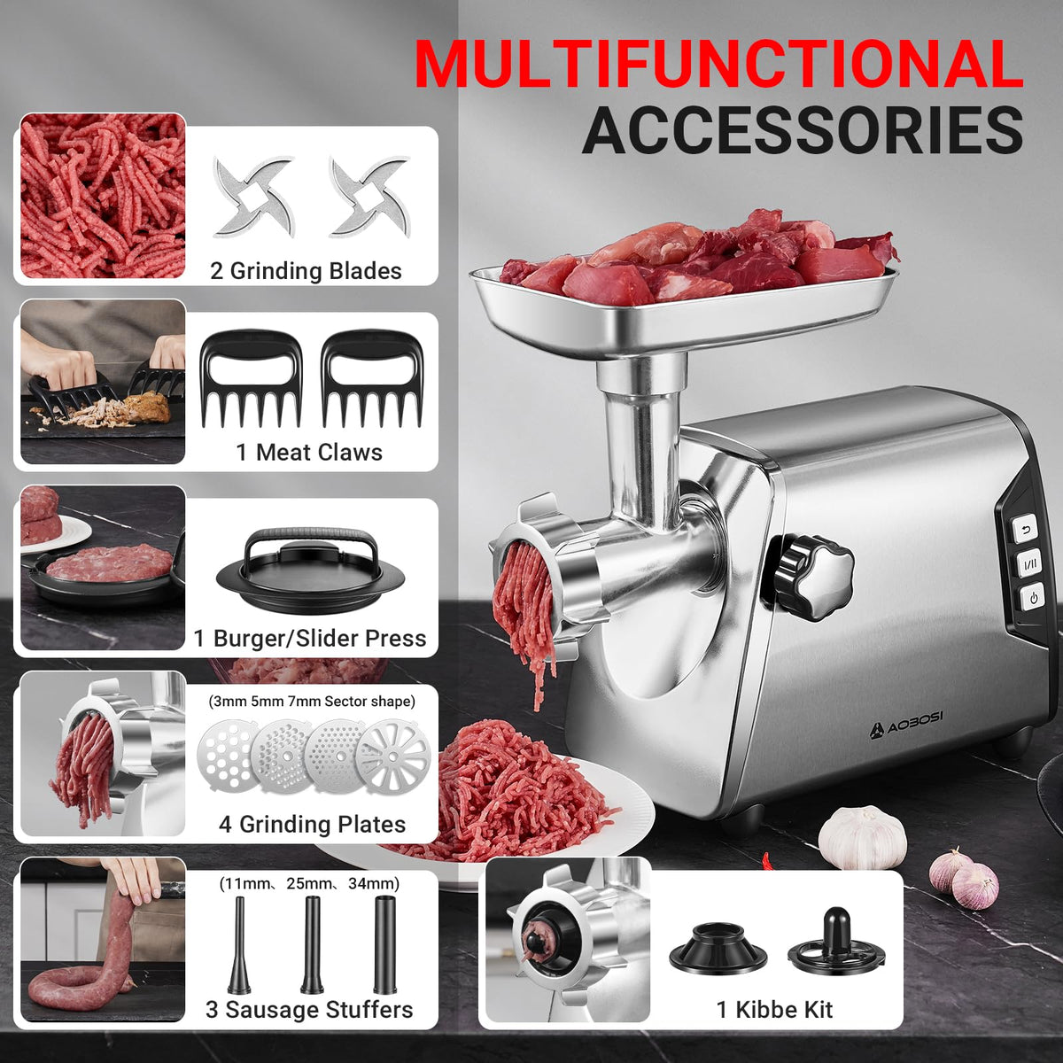 3000W Heavy-Duty Electric Meat Grinder with Sausage & Kubbe Attachments