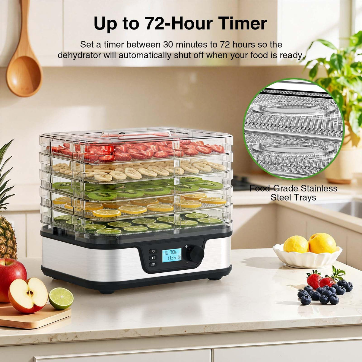 Food Dehydrator with 5 Stainless Steel Trays & 72-Hour Timer